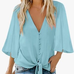 New Women's Blouse 3/4 Flared Bell Sleeves V Neck Button Up Shirt Small Sky Blue
